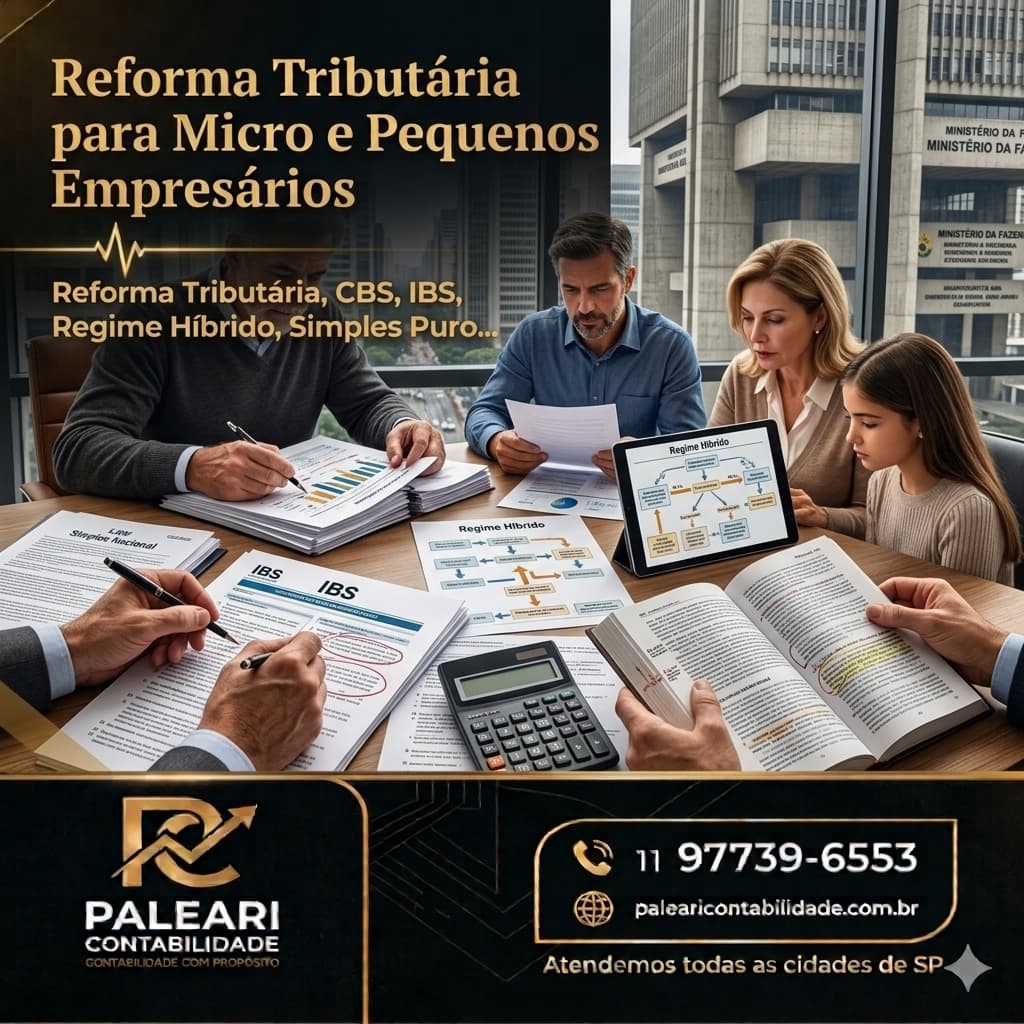 Reforma Tributária para micro e pequenos empresários: empresários analisam documentos sobre CBS, IBS, Simples Nacional e regime híbrido com a Paleari Contabilidade.