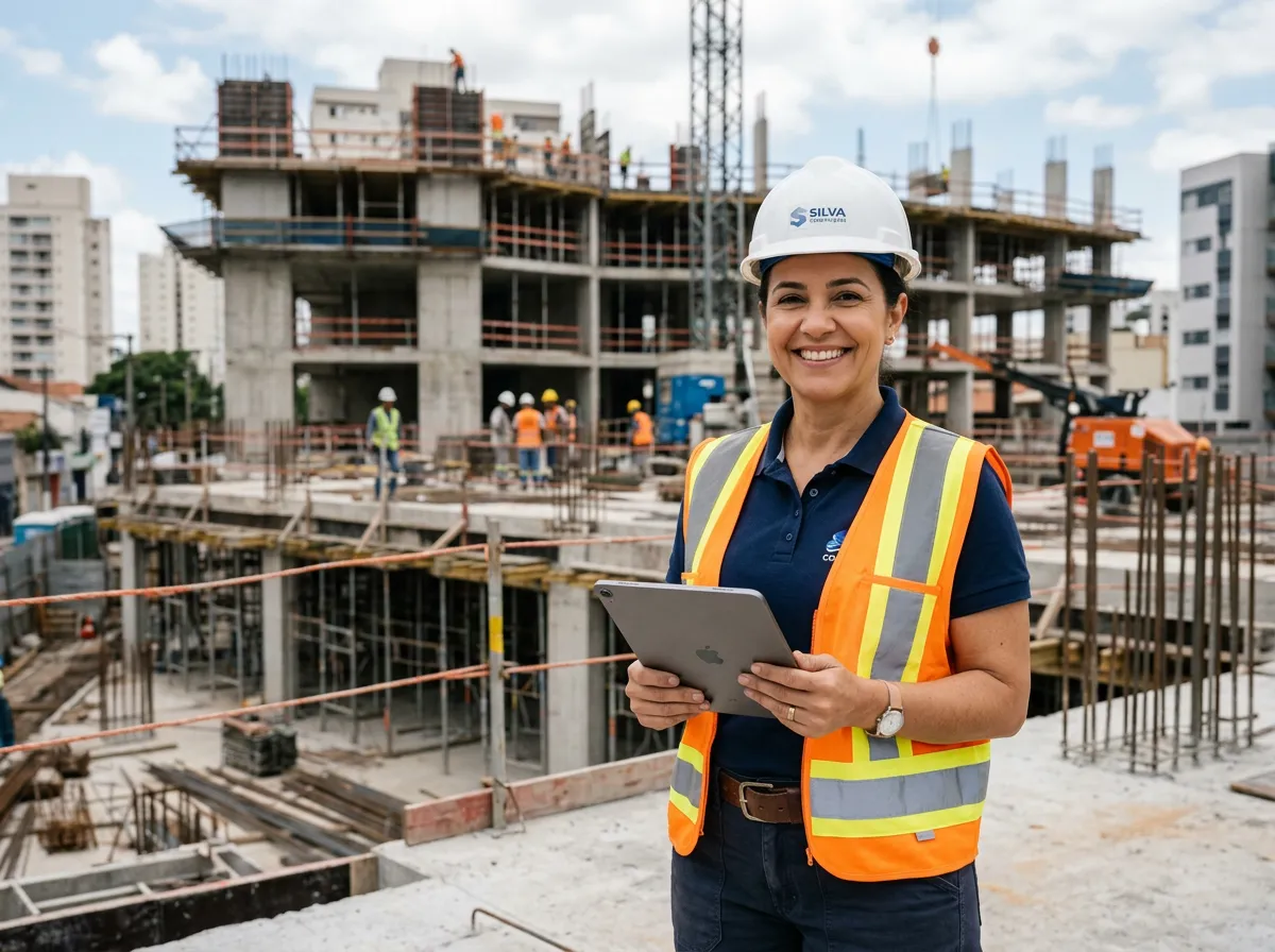 Empresário da construção civil com capacete em um canteiro de obras