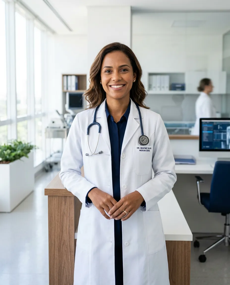 Médica sorridente em seu consultório, cliente da Paleari Contabilidade