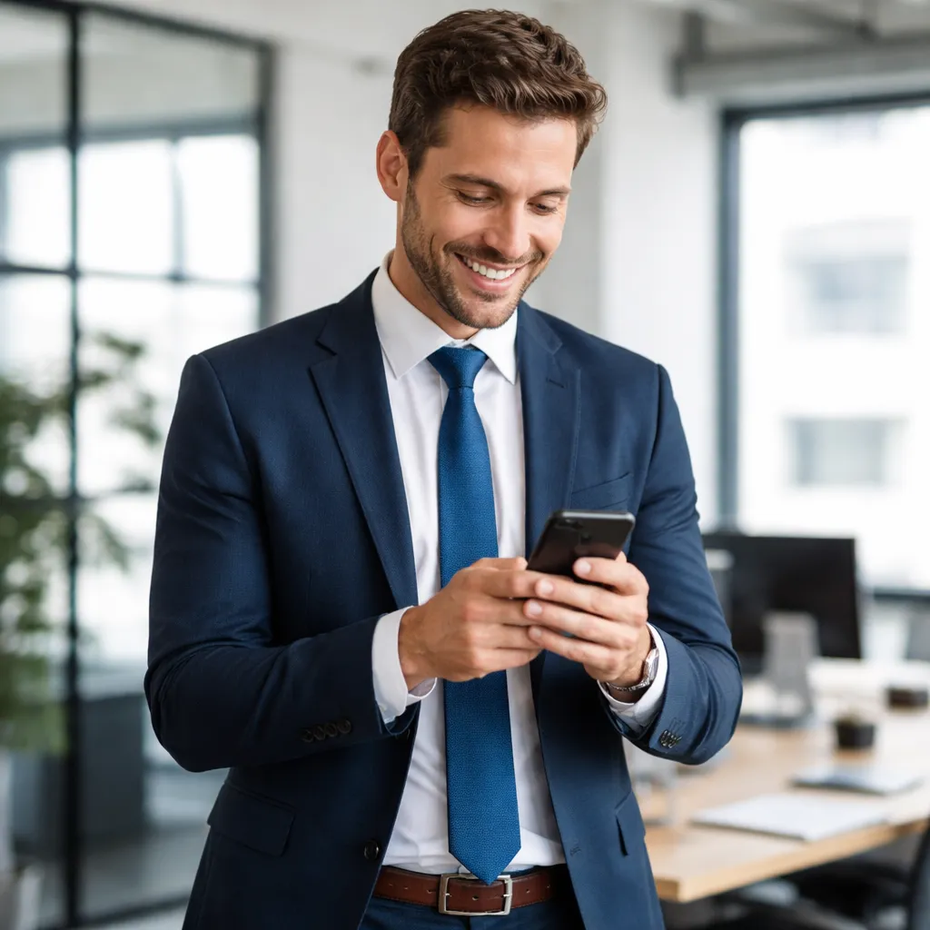 Empresário sorridente acompanhando a contabilidade da empresa pelo celular