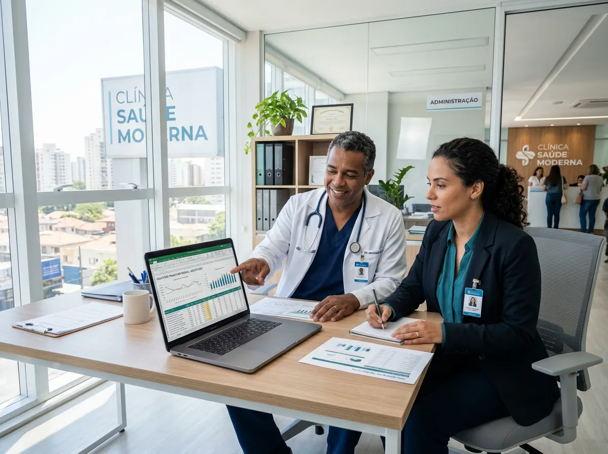 Médico e gestora de clínica analisando relatórios financeiros no computador