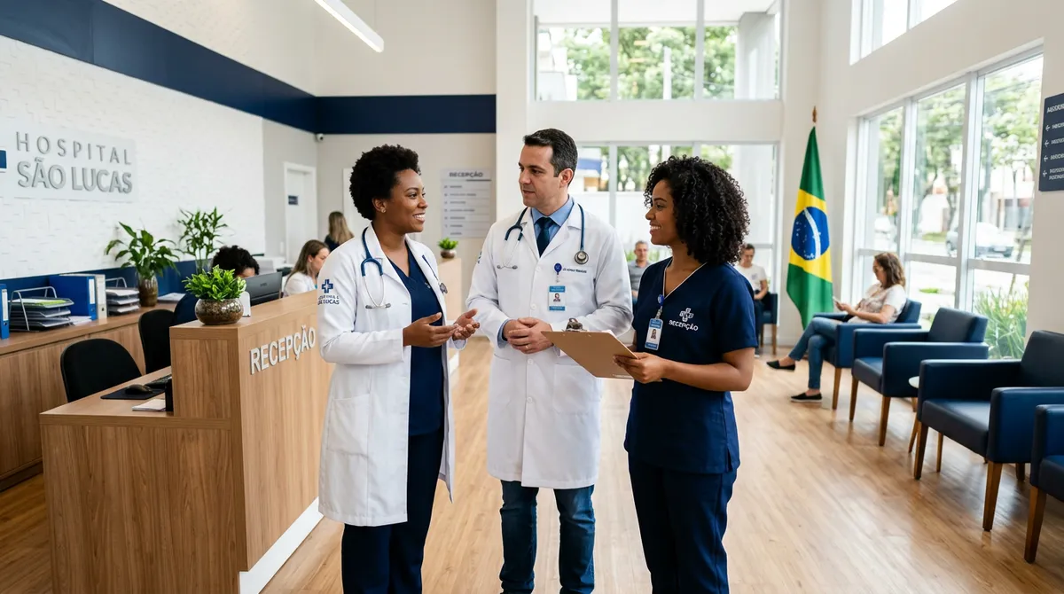 Equipe médica conversando na recepção de uma clínica