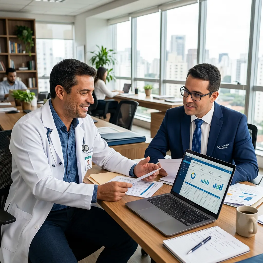Médico revisando relatórios financeiros com o contador